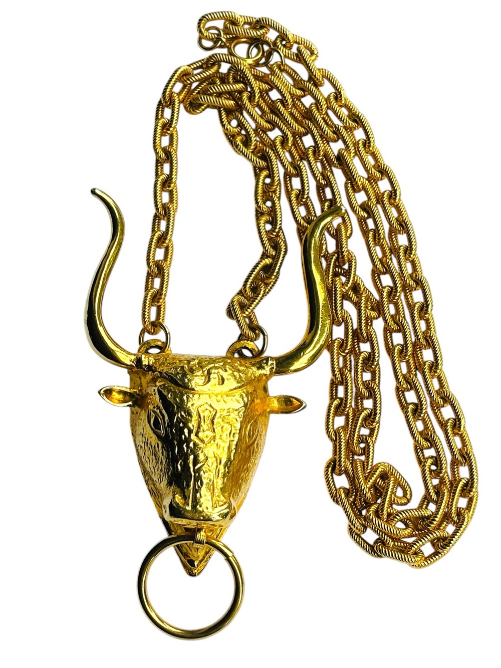 CADORO Vintage 1960s Bullhead Heavyweight Gold Tone Pendant Necklace 32” Rare